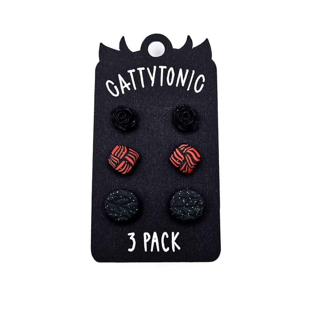 Red & Black Multipack Set of 3 Stud Earrings - Minimalist Handmade Earring Pack